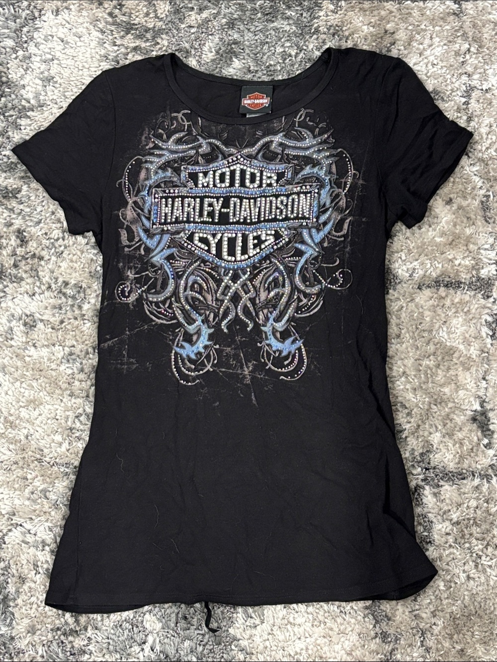 Harley-Davidson Black Short Sleeve Tee with Blue & Silver Embellished Logo